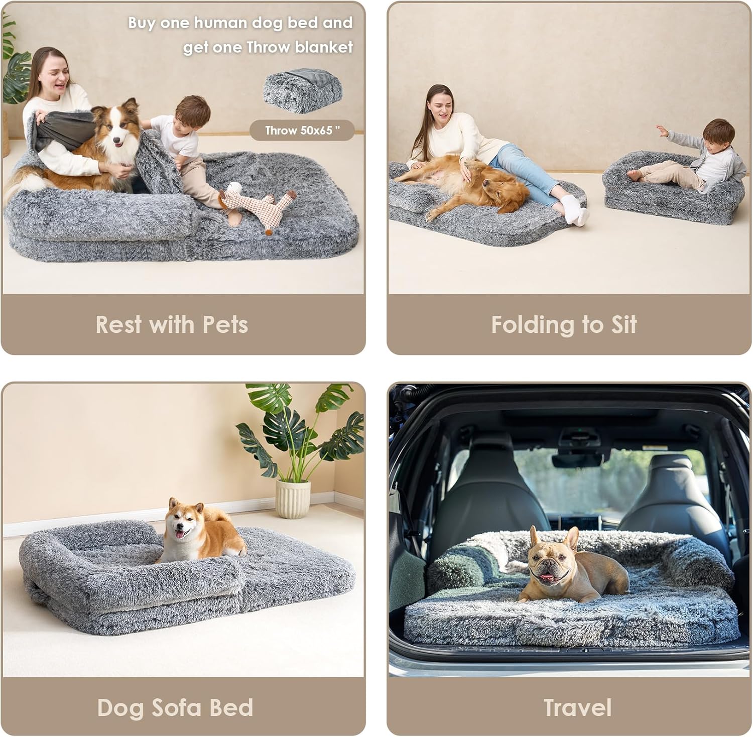 Cama plegable XXL para perro de gran tamaño, 54"X38"X7.5" cama para mascotas de felpa de piel sintética, cama ortopédica de espuma viscoelástica calmante para mascotas grandes, cama sofá lavable para mascotas con fondo antideslizante, gris