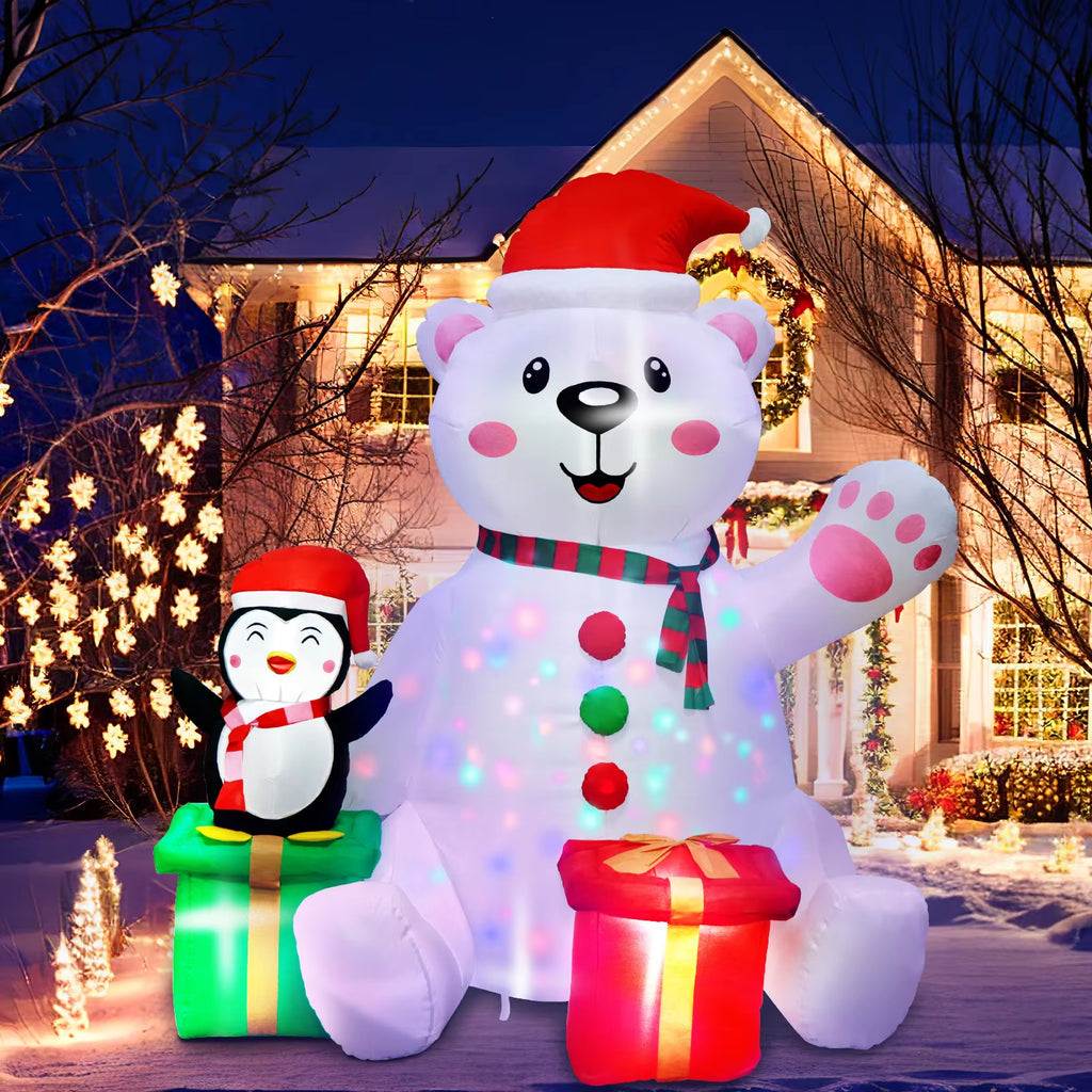  Decoración navideña inflable para exteriores: Oso polar inflable de 1,8 m con pingüino y luz LED
