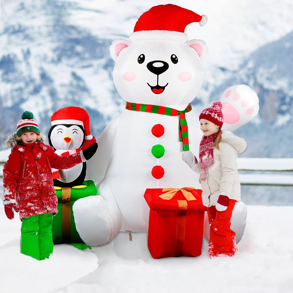 Decoración navideña inflable para exteriores: Oso polar inflable de 1,8 m con pingüino y luz LED