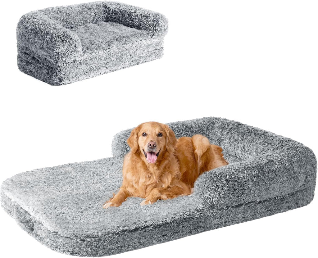 Cama plegable XXL para perro de gran tamaño, 54"X38"X7.5" cama para mascotas de felpa de piel sintética, cama ortopédica de espuma viscoelástica calmante para mascotas grandes, cama sofá lavable para mascotas con fondo antideslizante, gris