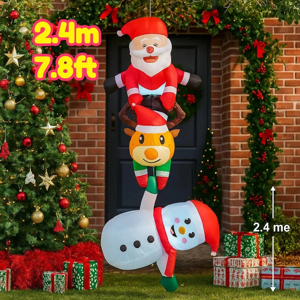 Bring Holiday Cheer Home with Our 2.4M Inflatable Santa, Reindeer, and Snowman Stack - Perfect for Christmas Yard Decor!