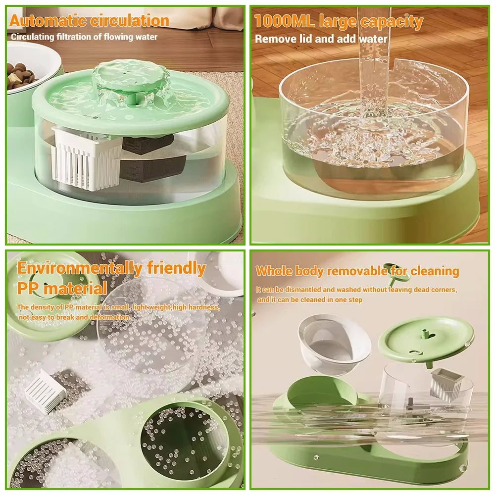 Fuente de agua 2 en 1 para mascotas con filtro automático, bebedero silencioso para gatos, alimentador de mascotas, recirculación y filtrado para accesorios de bebedero de gatos