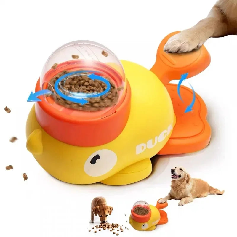 Juguete interactivo 2 en 1 para perros, dispensador automático de golosinas con diseño de pato de dibujos animados, comedero lento para mascotas, para entrenamiento canino.