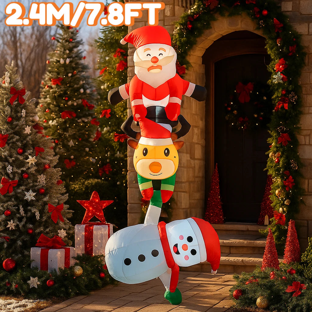 Bring Holiday Cheer Home with Our 2.4M Inflatable Santa, Reindeer, and Snowman Stack - Perfect for Christmas Yard Decor!