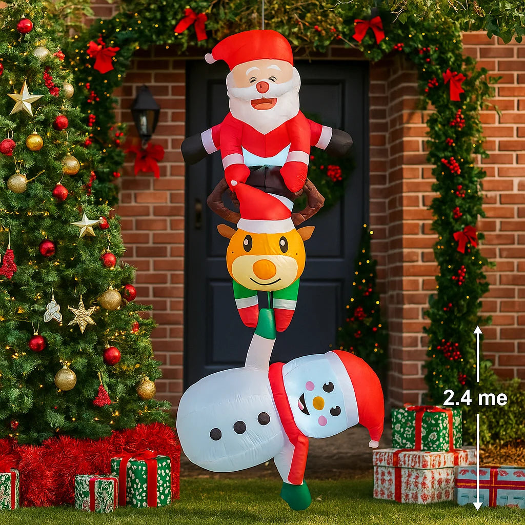 Bring Holiday Cheer Home with Our 2.4M Inflatable Santa, Reindeer, and Snowman Stack - Perfect for Christmas Yard Decor!
