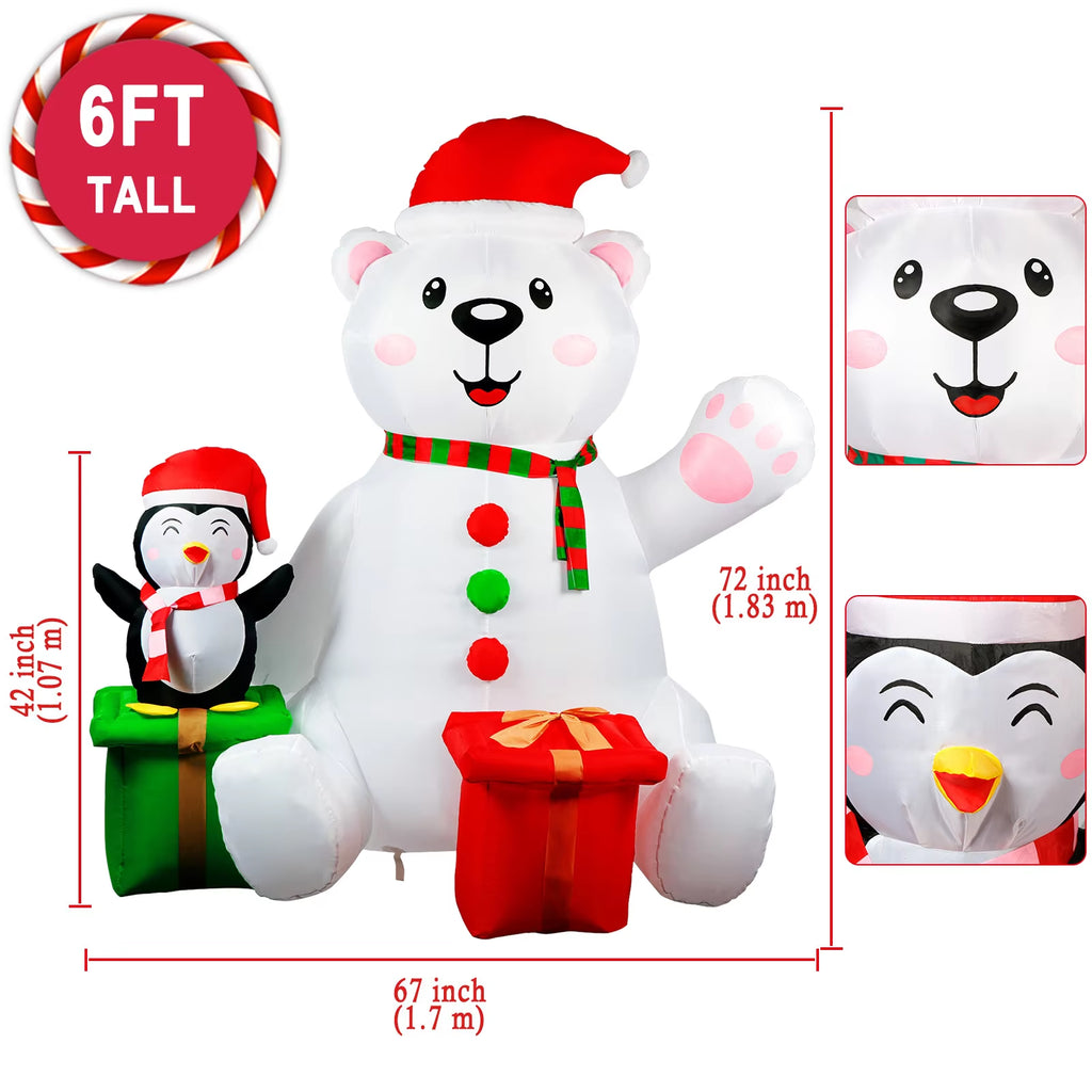  Decoración navideña inflable para exteriores: Oso polar inflable de 1,8 m con pingüino y luz LED