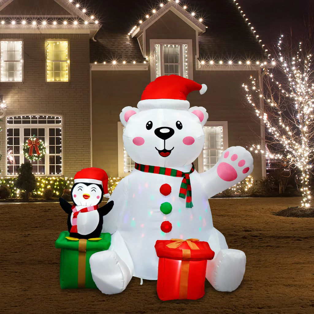  Decoración navideña inflable para exteriores: Oso polar inflable de 1,8 m con pingüino y luz LED